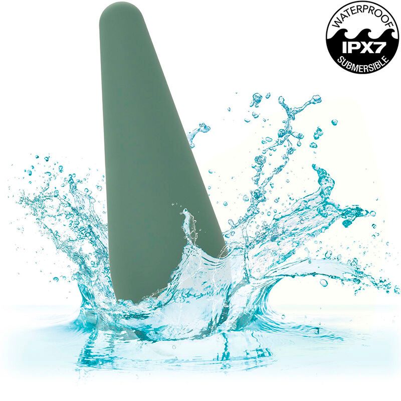 Grünes Massagegerät im Wasser. Wasserdicht IPX7. Tropfenförmig.