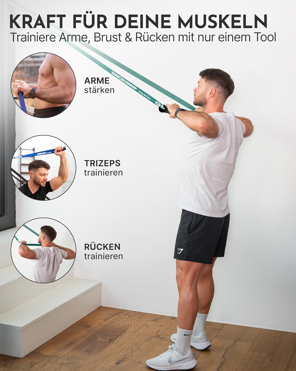 Mann trainiert mit Fitnessbändern und Griffen. Übungen für Arme, Brust und Rücken. Griffe mit Logo.