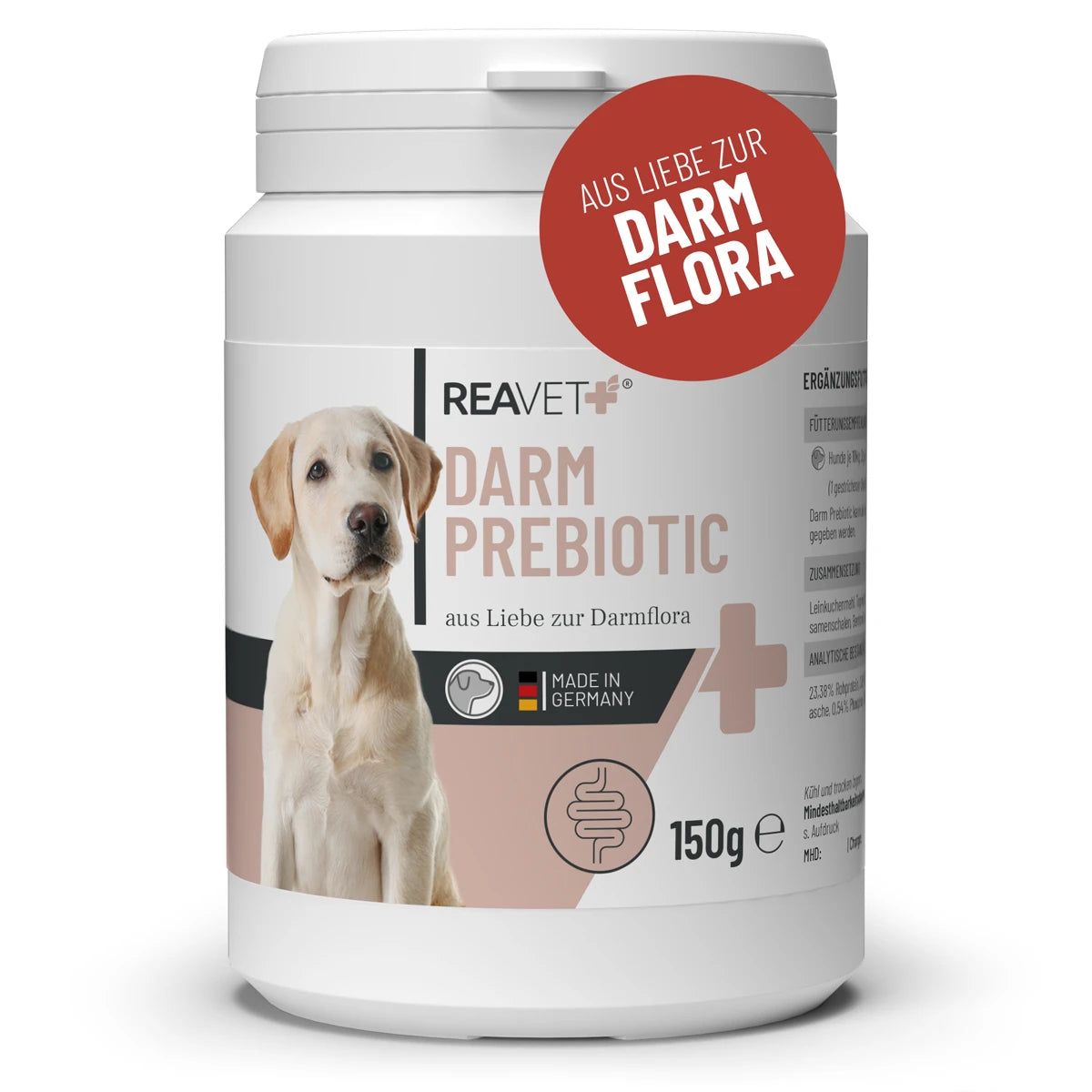 Weiße Dose mit "REA VET Darm Prebiotic"-Aufdruck, Hundefoto, roter Aufkleber "Aus Liebe zur Darm Flora", 150g.