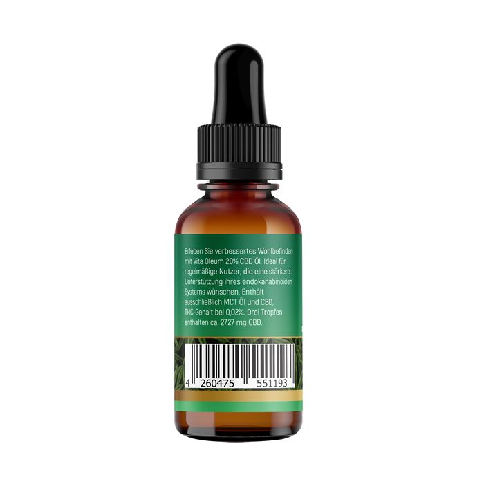 Braune Glasflasche mit schwarzem Tropfer. Aufkleber mit Text und Barcode. Vita Oleum 20% CBD-Öl.