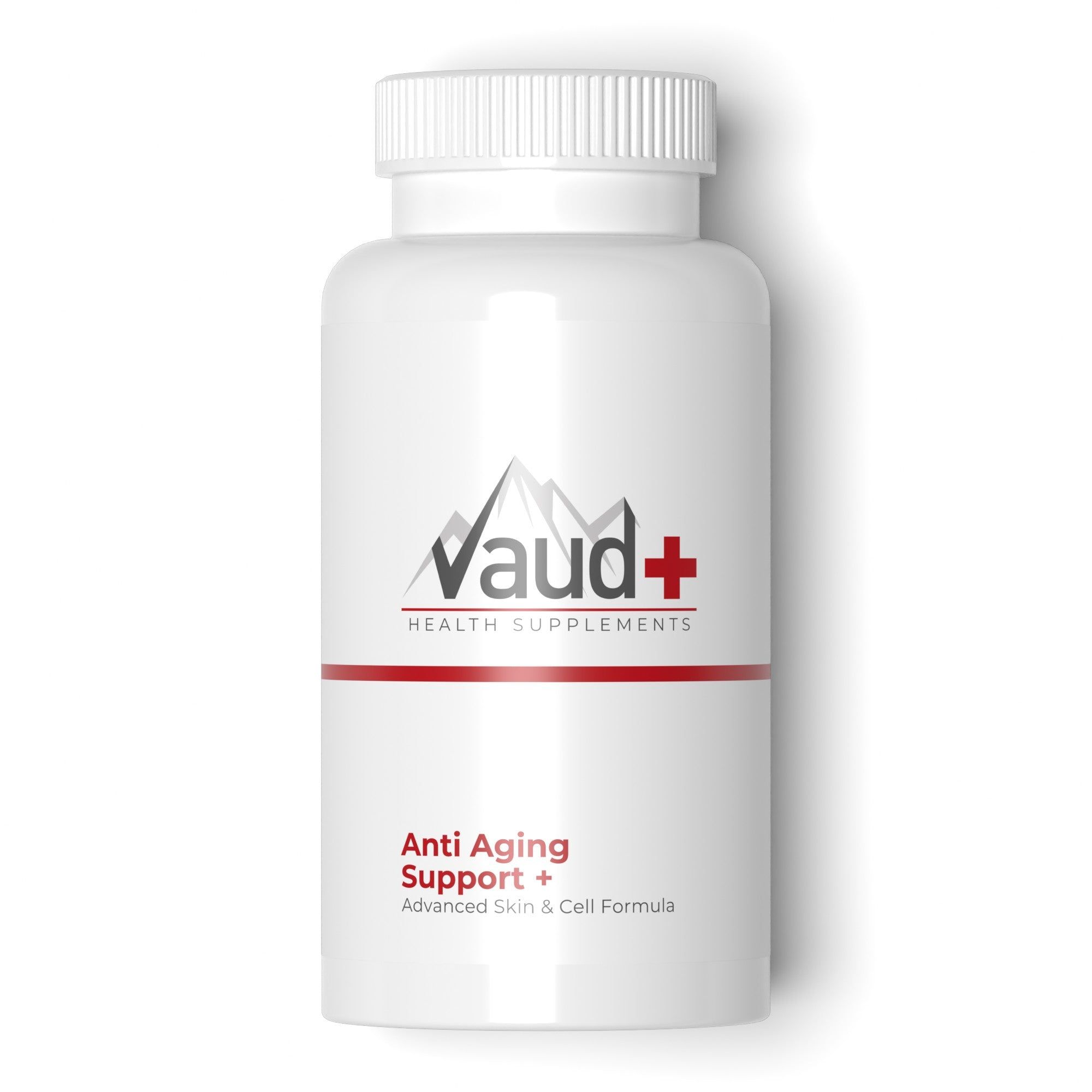 Weiße Dose mit Vaud+ Logo und 'Anti Aging Support+' Aufschrift.