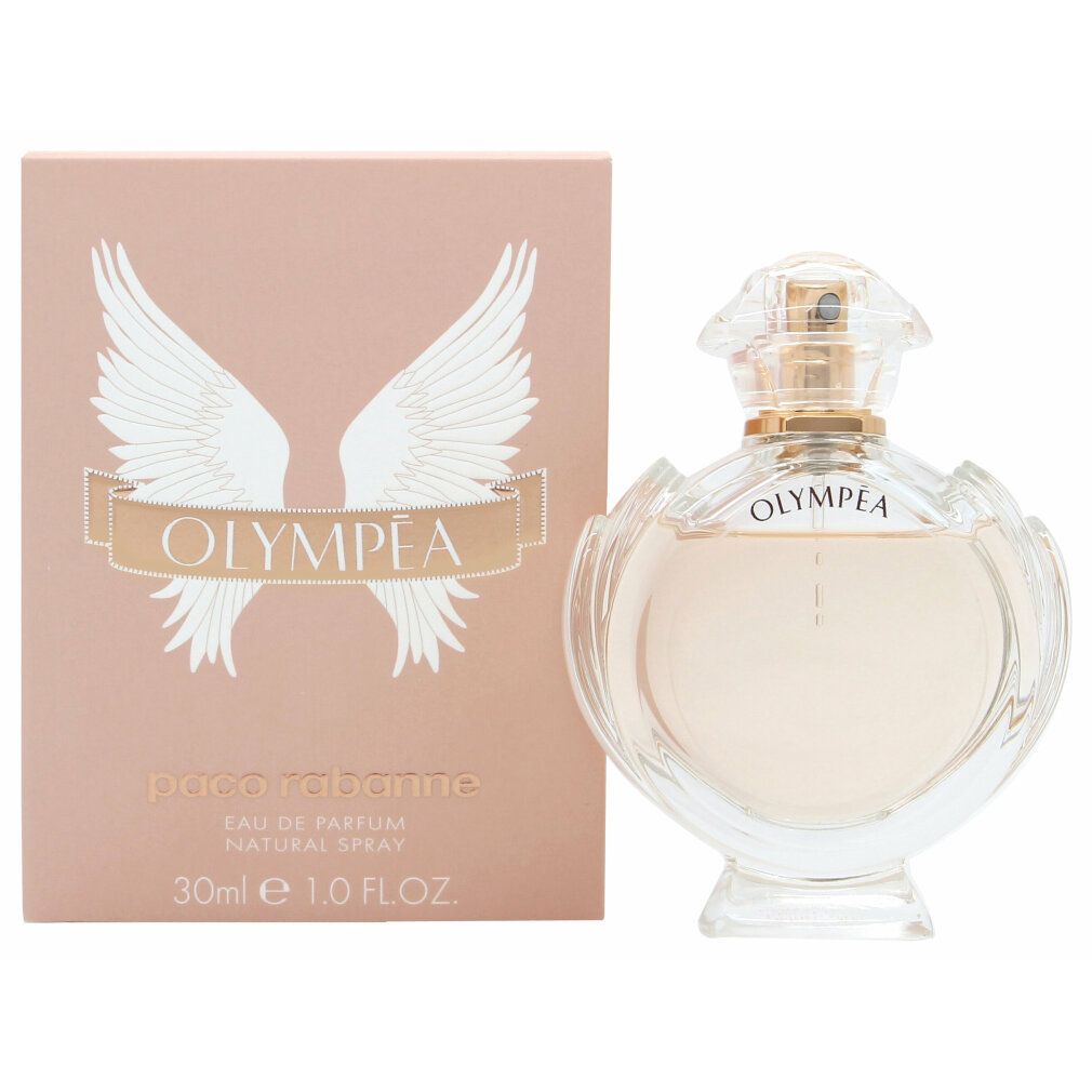 Paco Rabanne Olympéa Eau de Parfum Spray. Flacone e confezione rosa e oro. Logo ali sulla confezione.