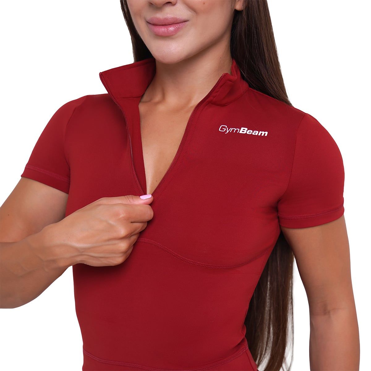 GymBeam Damen Cropped T-Shirt Ignite Slim mit Kragen Kurzarm Dunkelrot