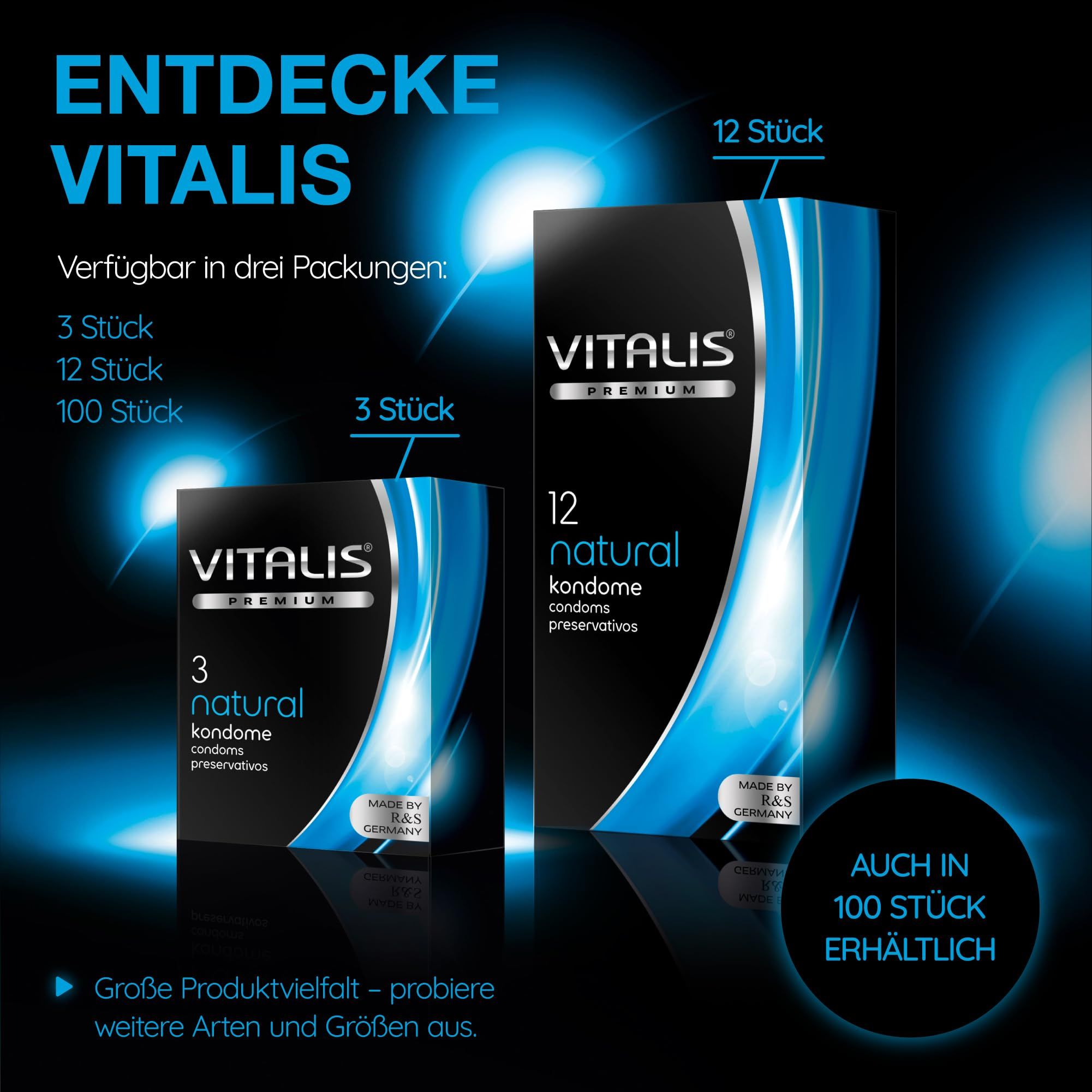 Vitalis Kondome: Packungen mit 3, 12 und 100 Stück. Vitalis PREMIUM Natural.