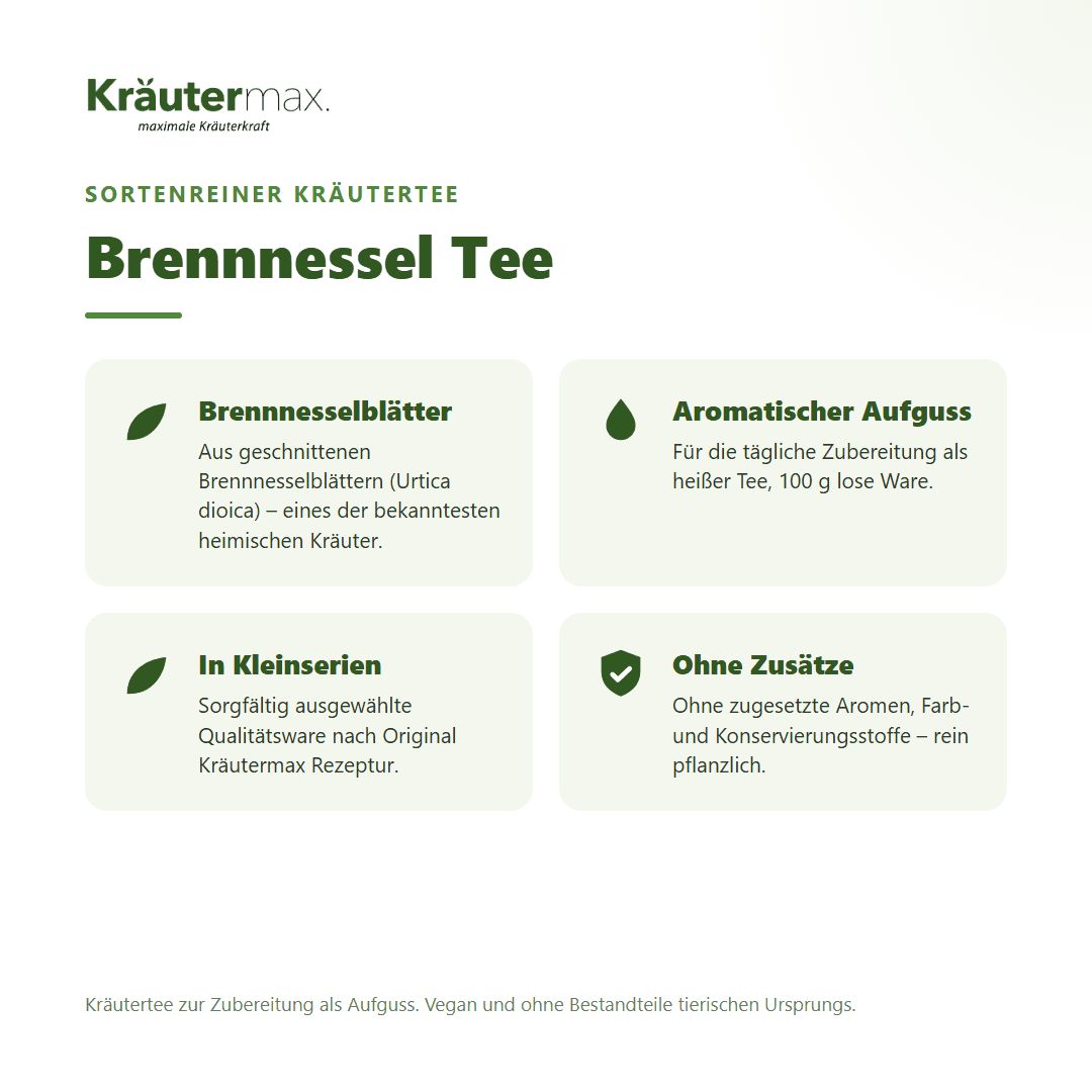 Kräutermax Brennnessel Tee: Blätter, aromatischer Aufguss, Kleinserien, ohne Zusätze.