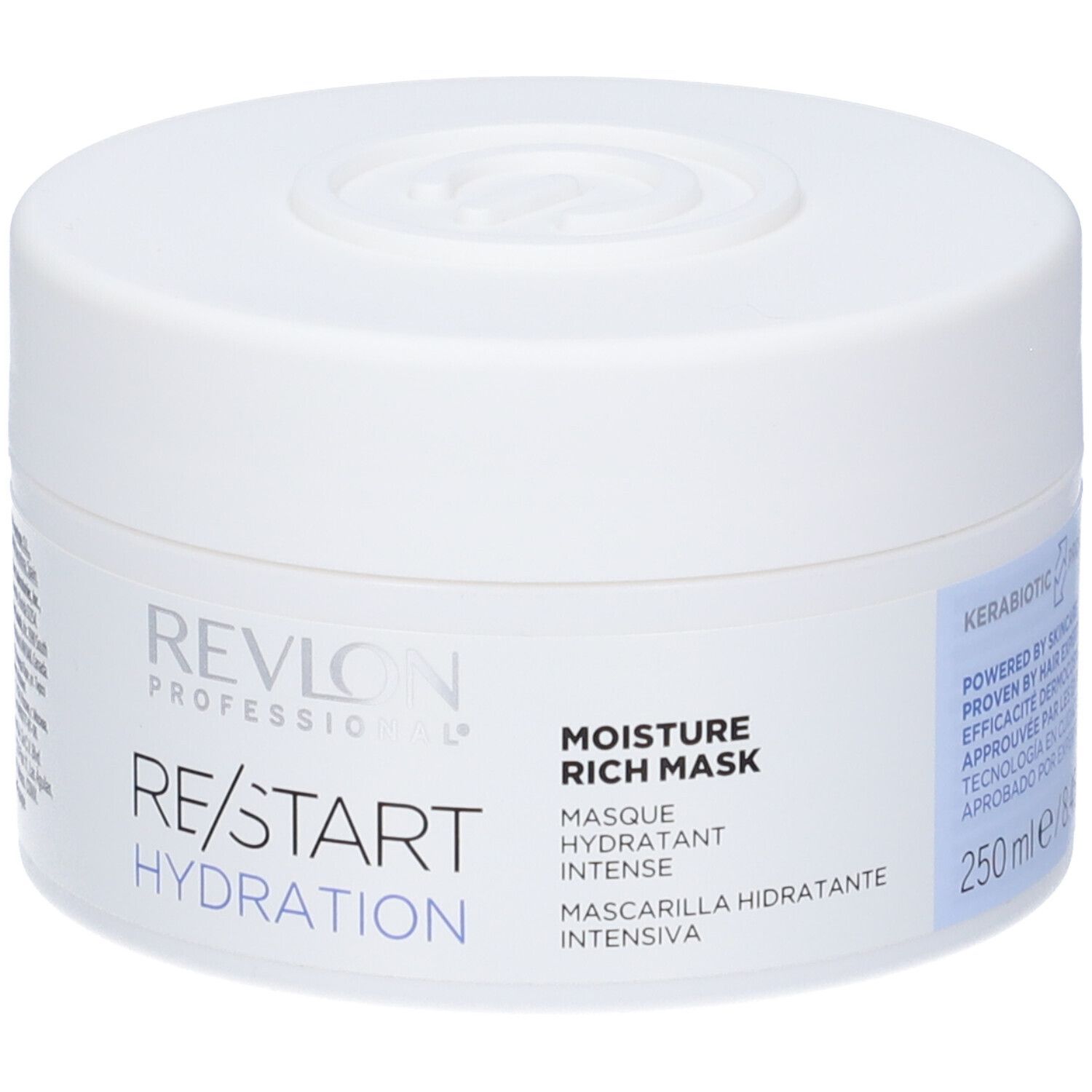 Weißer Tiegel mit Deckel. Aufschrift: RE/START HYDRATION, MOISTURE RICH MASK. 250 ml.