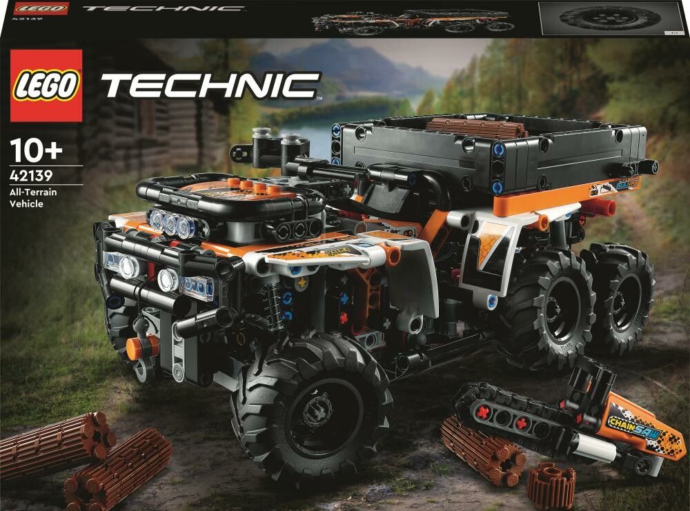 LEGO Technic Fuoristrada. Veicolo fuoristrada arancione con pneumatici neri e dettagli. Include pezzi di legno. Confezione con logo e numero prodotto.