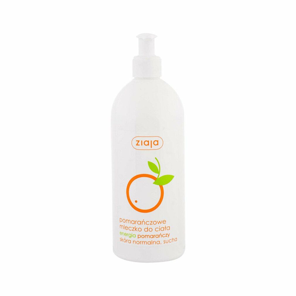 Weiße Flasche mit Spender. Orangefarbenes Logo mit Schriftzug 'Ziaja' und Orangen-Illustration. Text: 'pomarańczowe mleczko do ciała'.