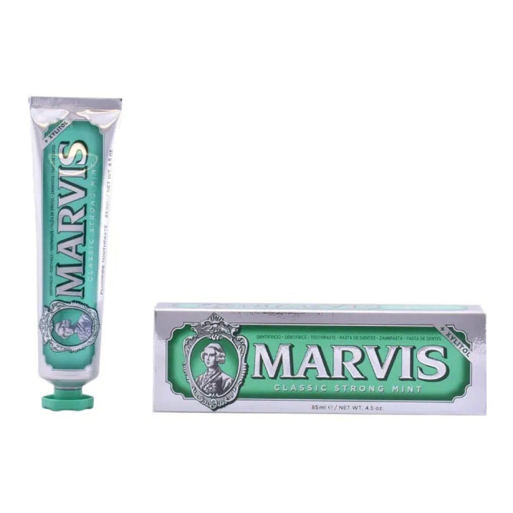 MARVIS Classic Strong Mint Zahnpasta und Schachtel, beide mit Xylitol-Hinweis.