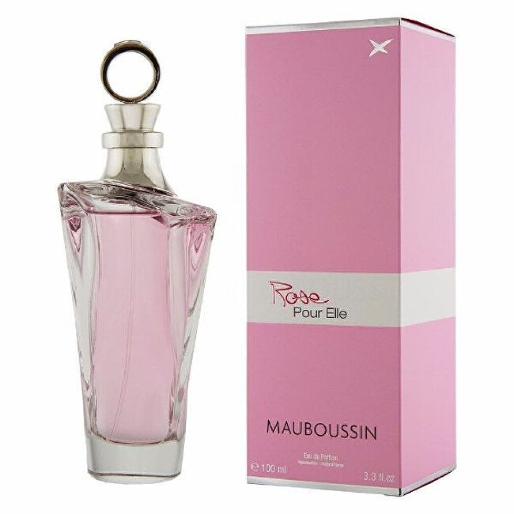 Rosa Pour Elle Eau de Parfum Spray, Flakon und Verpackung. Rosa Flakon mit silbernem Verschluss und rosa Verpackung.