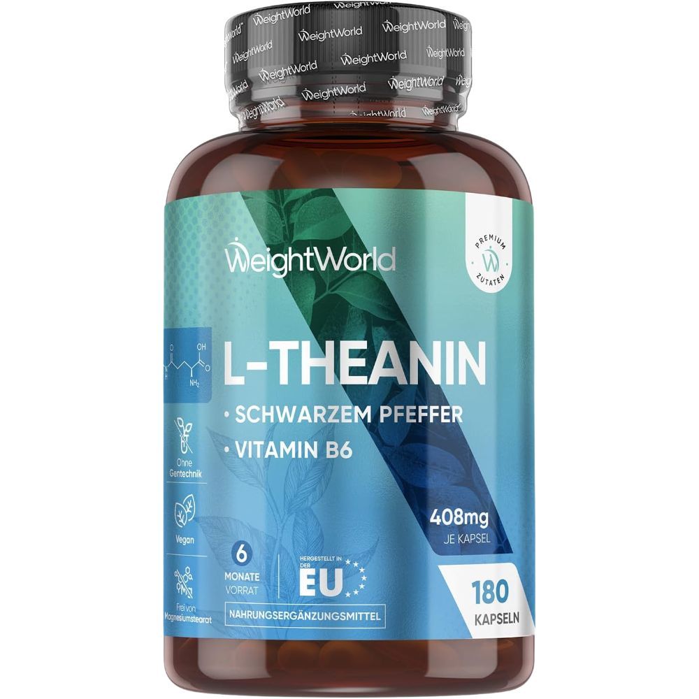 Braune Flasche mit Kapseln. Aufschrift: L-Theanin, Schwarzer Pfeffer, Vitamin B6. 180 Kapseln. EU-Siegel.