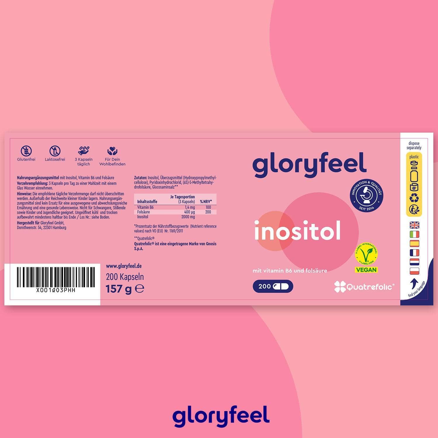 gloryfeel ® Inositol Kapseln - Myo mit Vitamin B6 und Folsäure 200 St