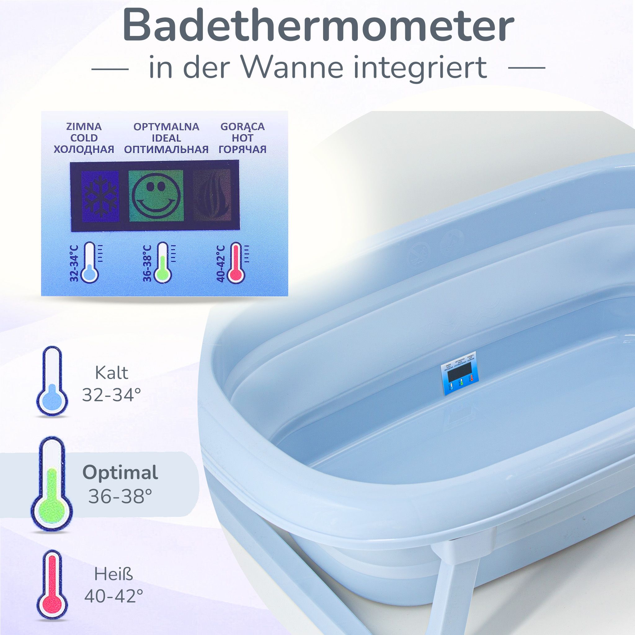 Faltbare Babybadewanne - Klappbare Baby Wanne mit integriertem Thermometer und Abfluss