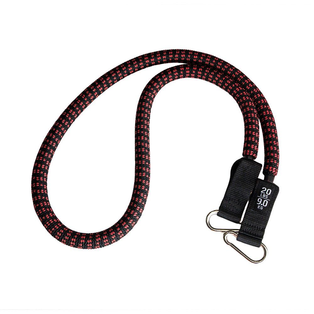 Rundes Fitnessband, rot-schwarz gewebt. Schwarze Schlaufen mit Karabinerhaken. Aufschrift: 20 LBS, 9.0 KG.
