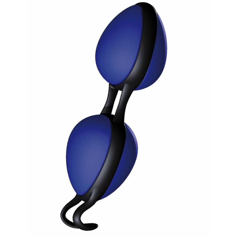 Joyballs secret blau-schwarz. Zwei ovale Kugeln, verbunden durch einen schwarzen Steg und Griff.