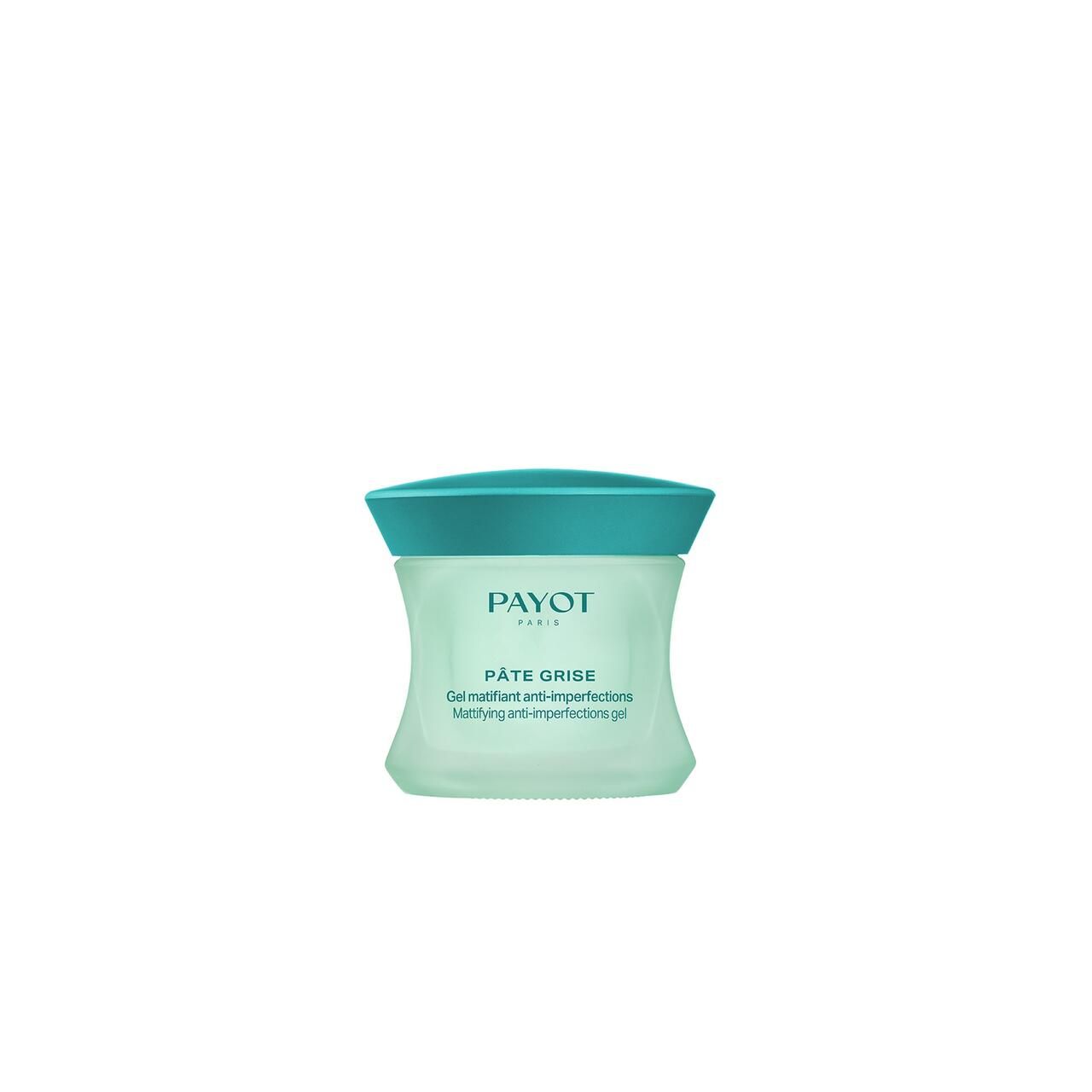 Payot Pâte Grise Gel. Grünliche Creme in einem Behälter mit türkisfarbenem Deckel. Aufschrift: Pâte Grise, Gel matifiant anti-imperfections.