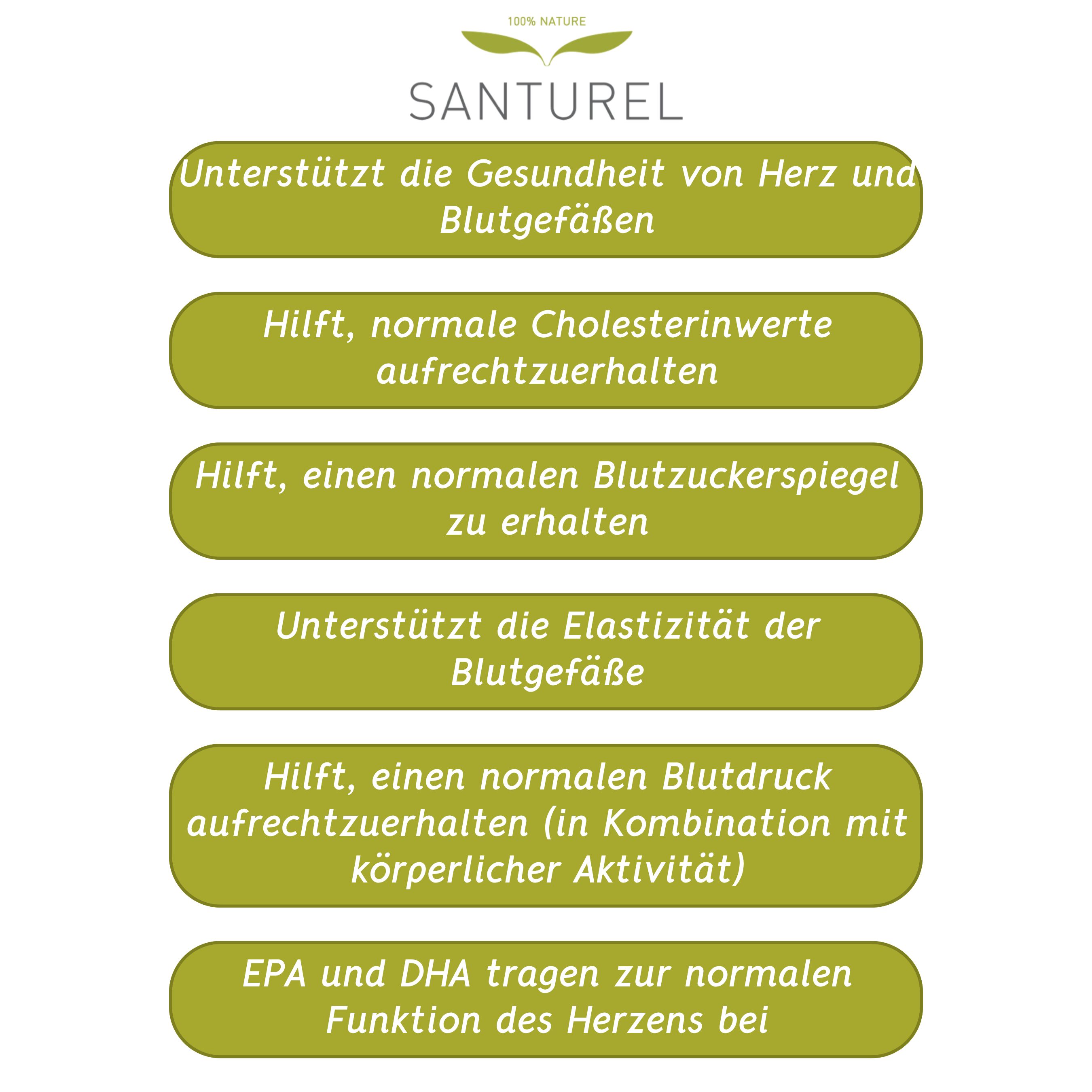 Texttafel mit grünen Feldern. Unterstützt Herz- und Gefäßgesundheit, Cholesterin, Blutzucker, Elastizität, Blutdruck.