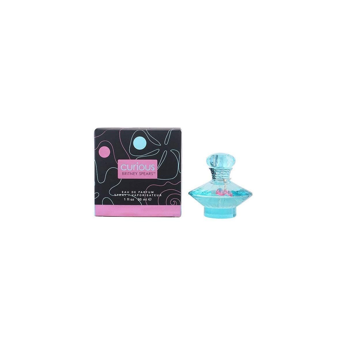 Parfumflakon und Schachtel. Flakon hellblau, Schachtel schwarz mit rosa und blauen Kreisen. Aufschrift: Curious Britney Spears.
