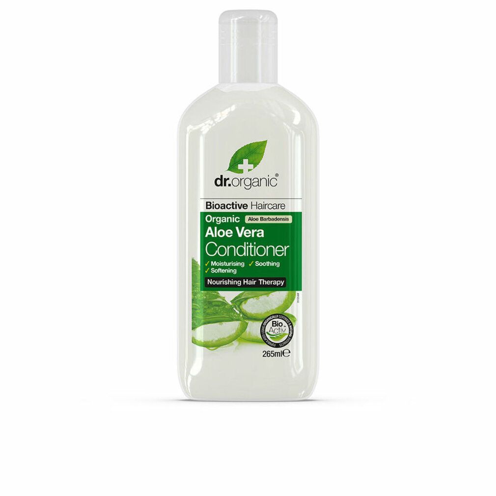 Transparente Flasche mit Conditioner. Aufschrift: Aloe Vera Conditioner. Marke: dr.organic. Mit Bio-Siegel.