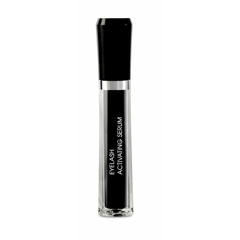 Eyelash Activating Serum. Schwarze Flasche mit silbernem Ring. Klarer Hintergrund.