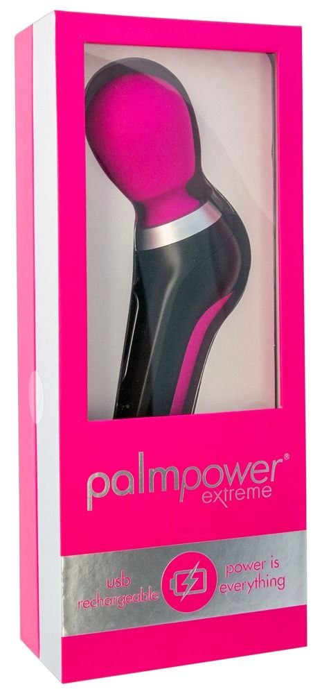 Verpackung mit Massagegerät. Pinkfarbene Box mit Produktbild und Text: "Palmpower extreme".