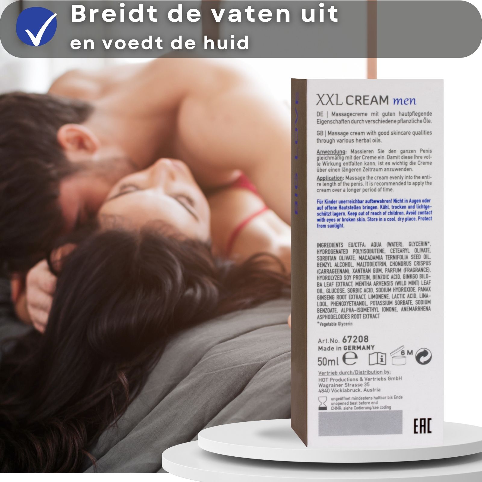 Grijze doos met tekst. XXL CREAM. Man en vrouw op de achtergrond. Ingrediënten.