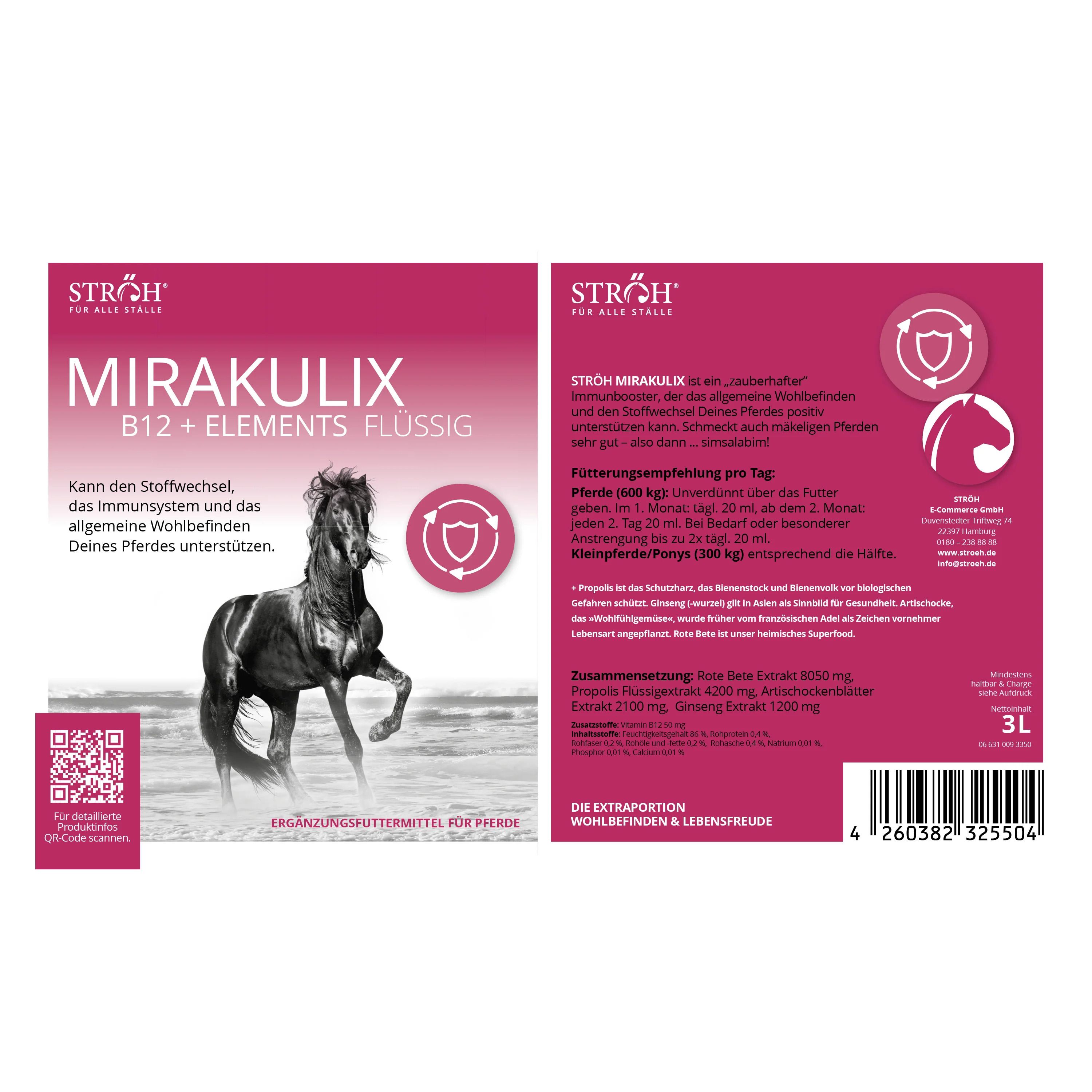 Verpackung mit Aufschrift MIRAKULIX B12 + ELEMENTS FLÜSSIG. Logo mit Pferd. Text und QR-Code. 3L-Angabe.