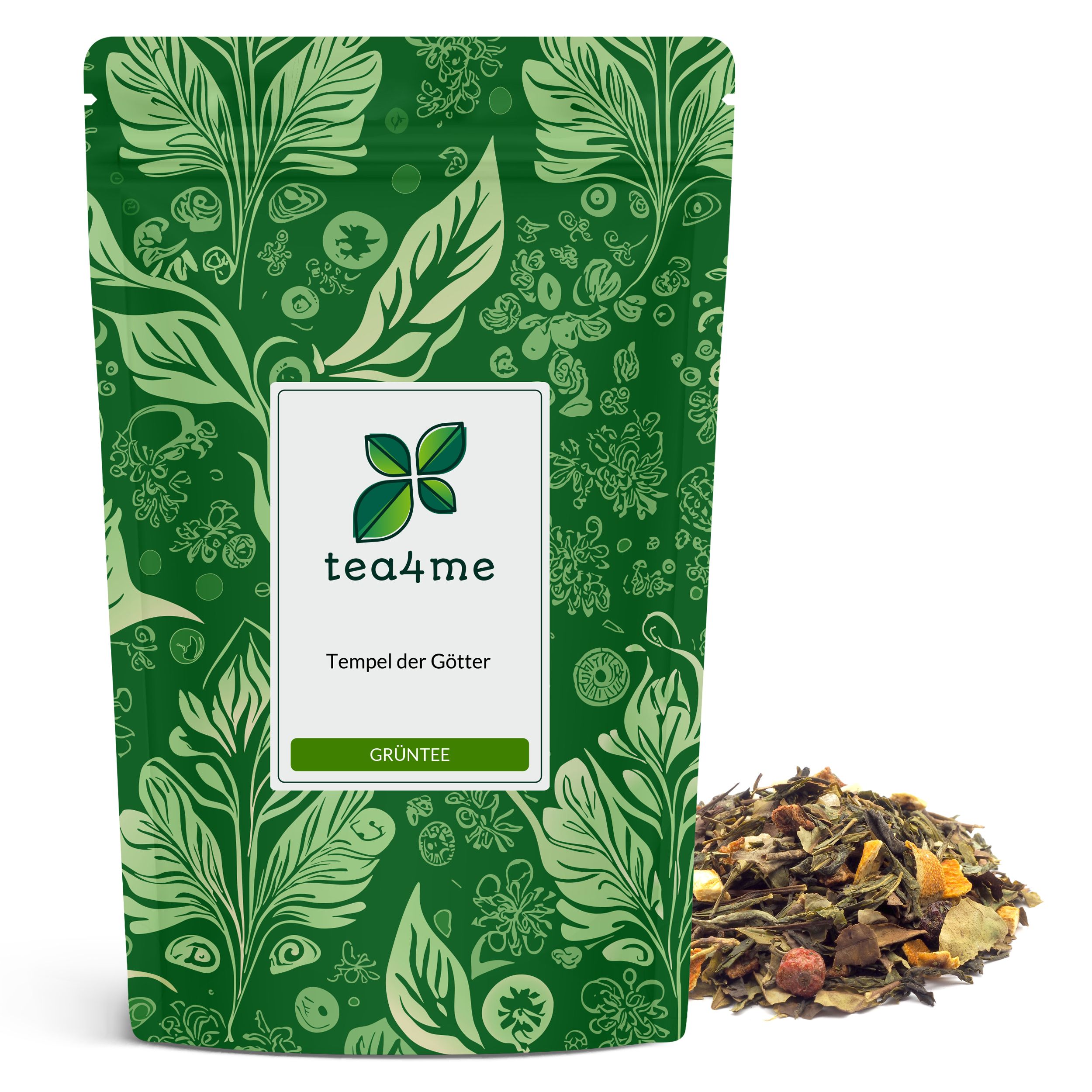 Grüner Teebeutel mit floralem Muster und Logo. Aufschrift: tea4me, Tempel der Götter, Grüntee. Daneben loser Tee.