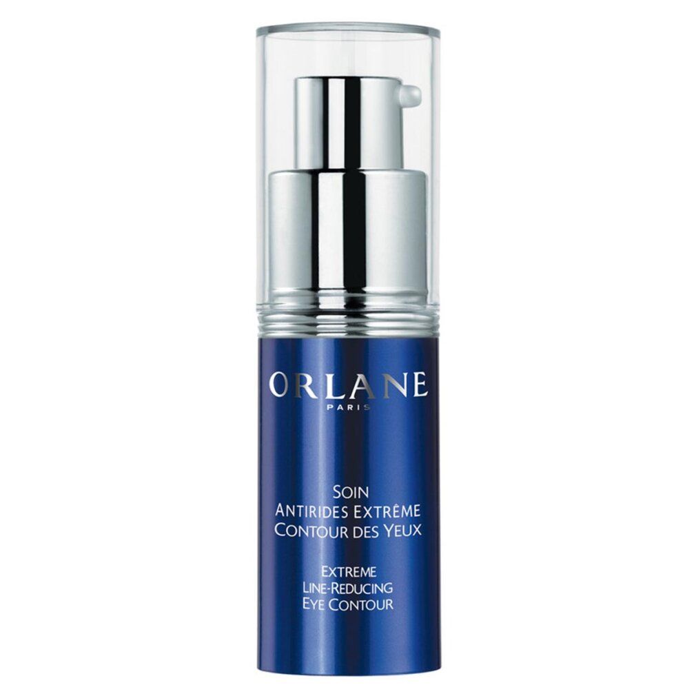 Blaue Flasche mit silberner Pumpe und durchsichtigem Deckel. Aufschrift: ORLANE PARIS, SOIN ANTIRIDES EXTRÊME CONTOUR DES YEUX, EXTREME LINE-REDUCING CARE EYE CONTOUR.
