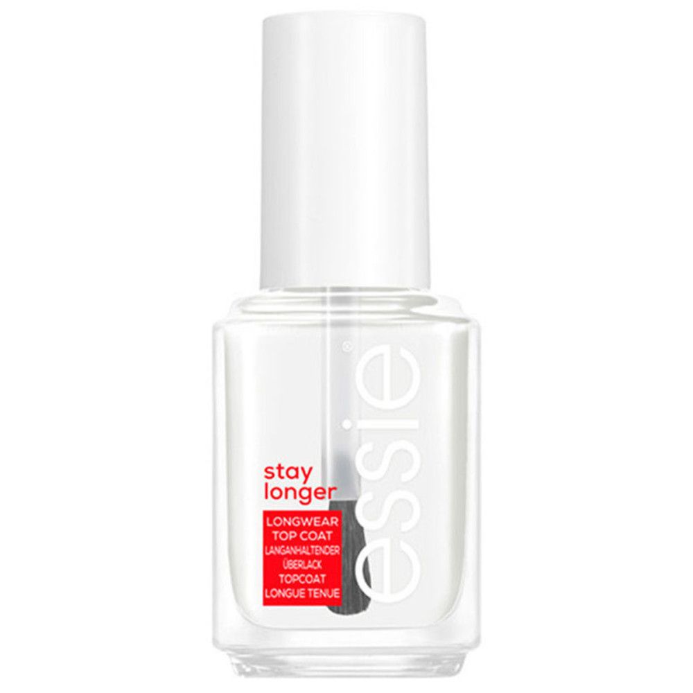 Klare Nagellackflasche mit weißem Deckel und Pinsel. Roter Aufkleber mit Text: stay longer, Longwear Top Coat. Marke: Essie.