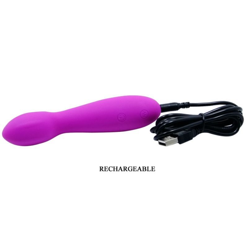 Lila Vibrator mit Ladekabel. Text: RECHARGEABLE. Glatte Oberfläche. Ergonomisches Design.