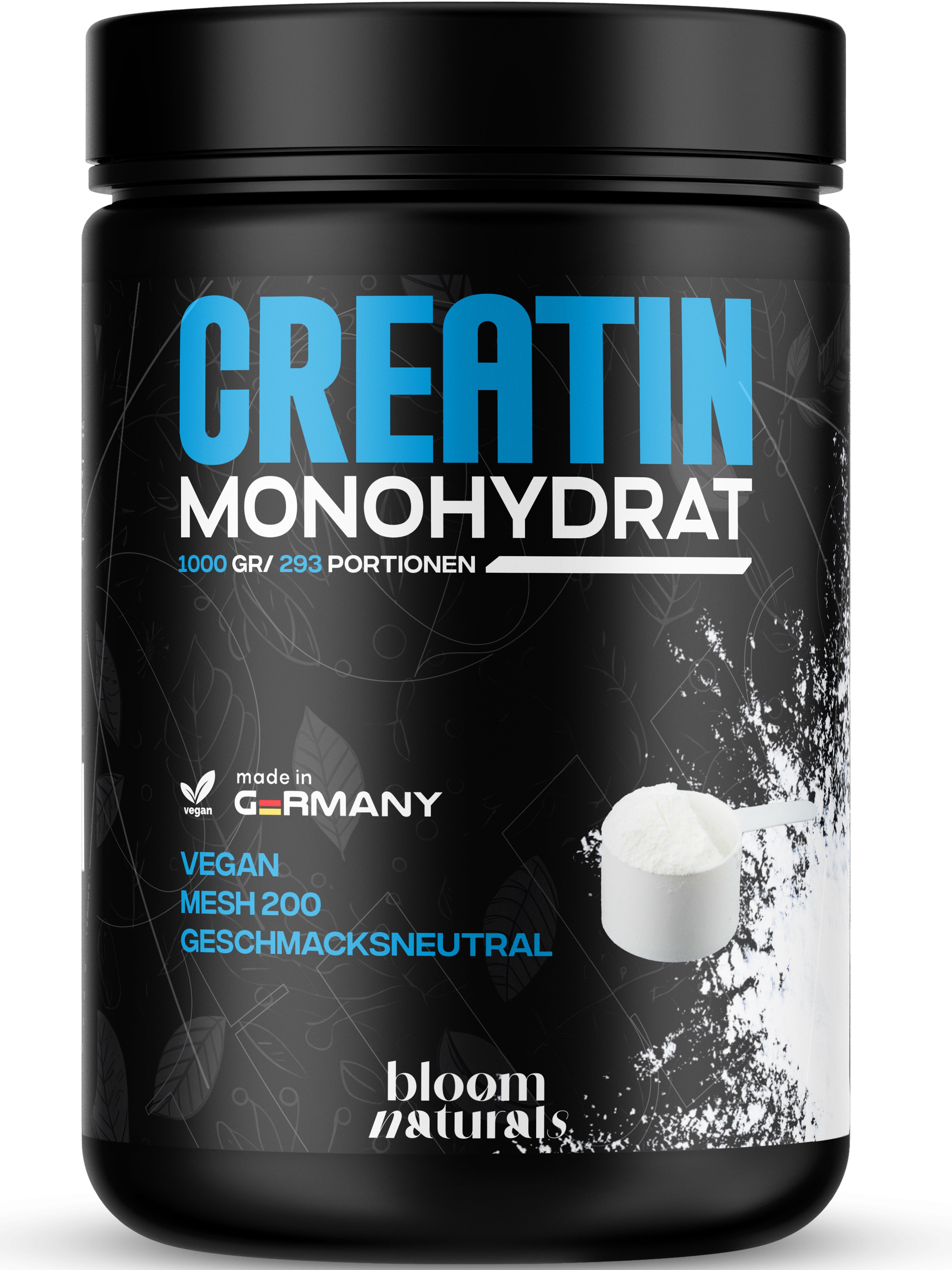 Schwarze Dose mit blauem Schriftzug CREATIN MONOHYDRAT. Vegan, Mesh 200, geschmacksneutral. Bloom Naturals Logo.
