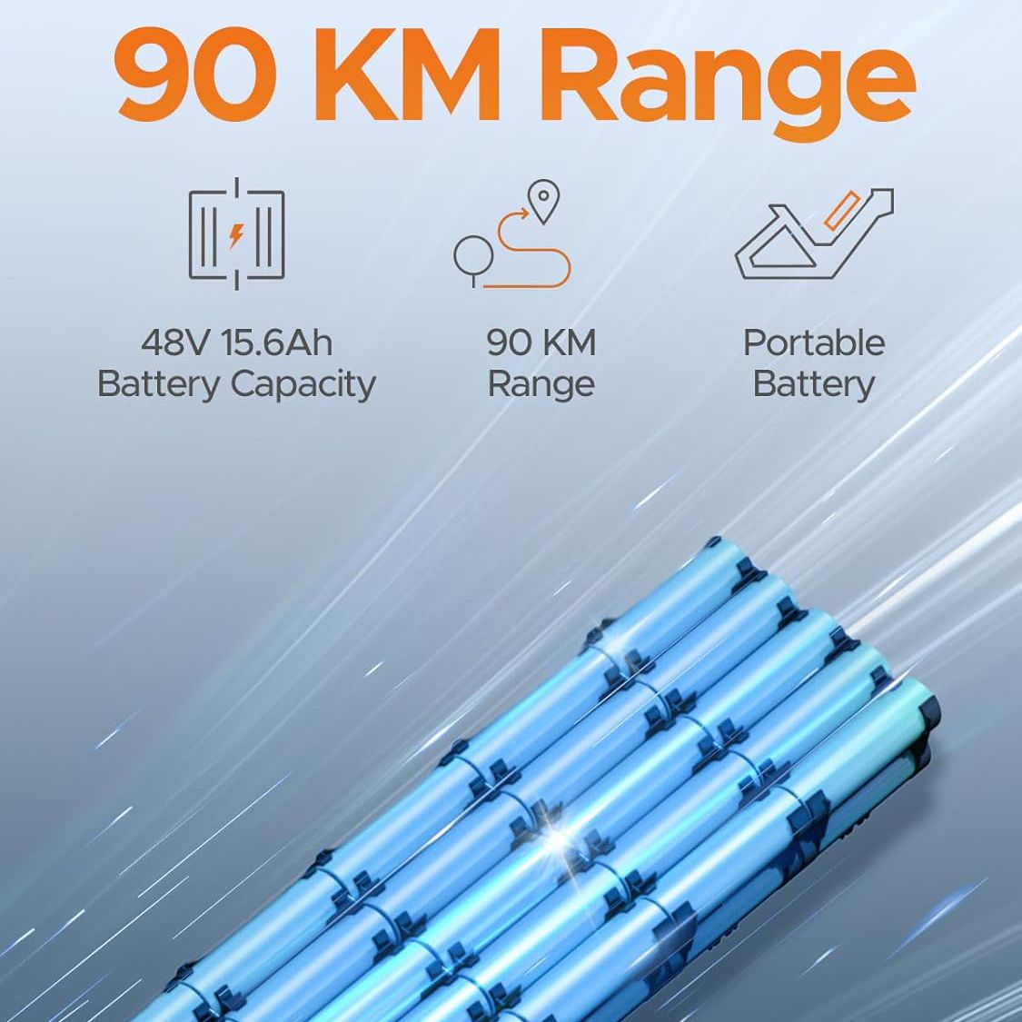 Batterie-Anzeige mit Text: 48V 15.6Ah Batteriekapazität, 90 KM Reichweite, tragbare Batterie. Blaue Akkus.
