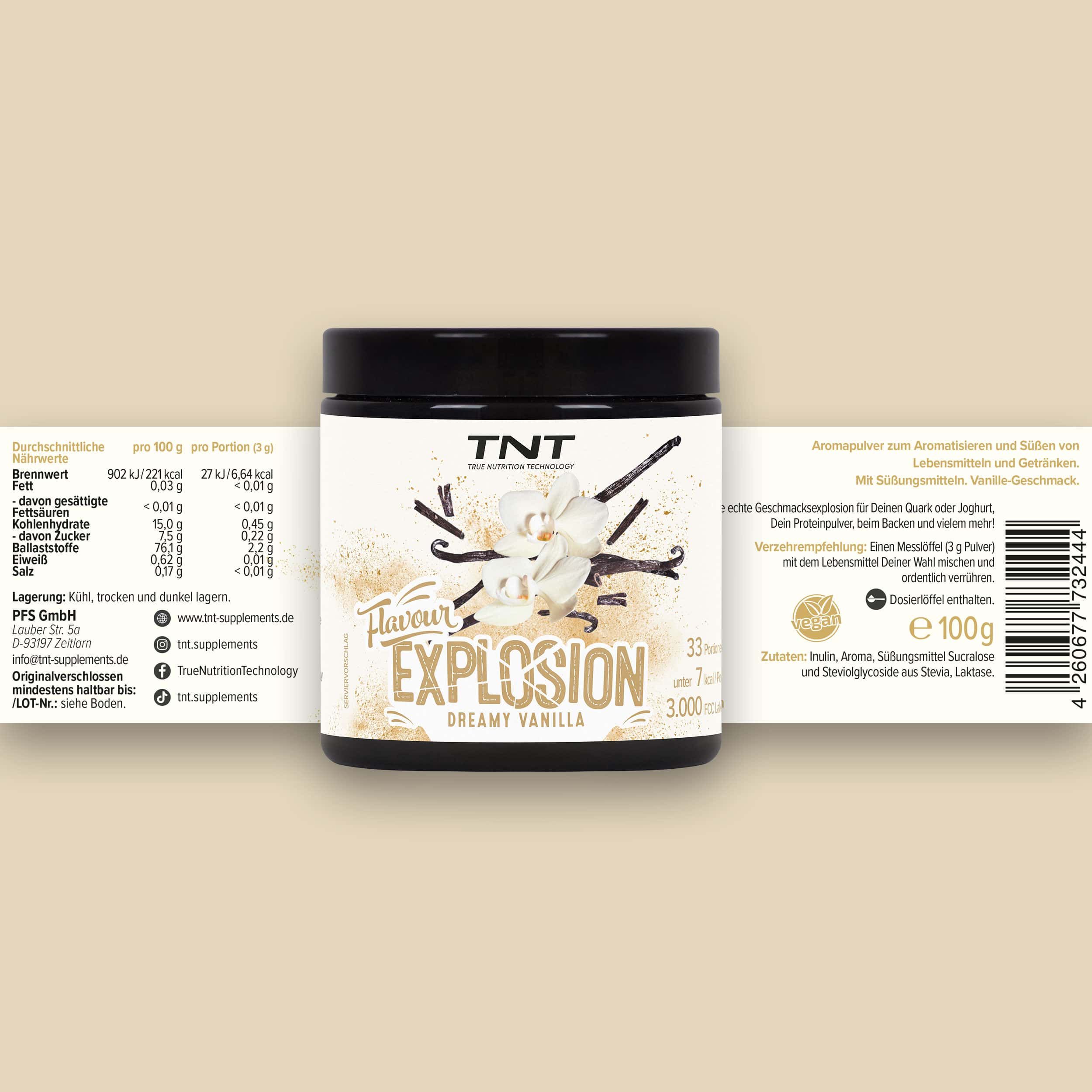 TNT Flavour Explosion, Dreamy Vanilla Dose mit detaillierten Nährwertangaben und Zutaten.