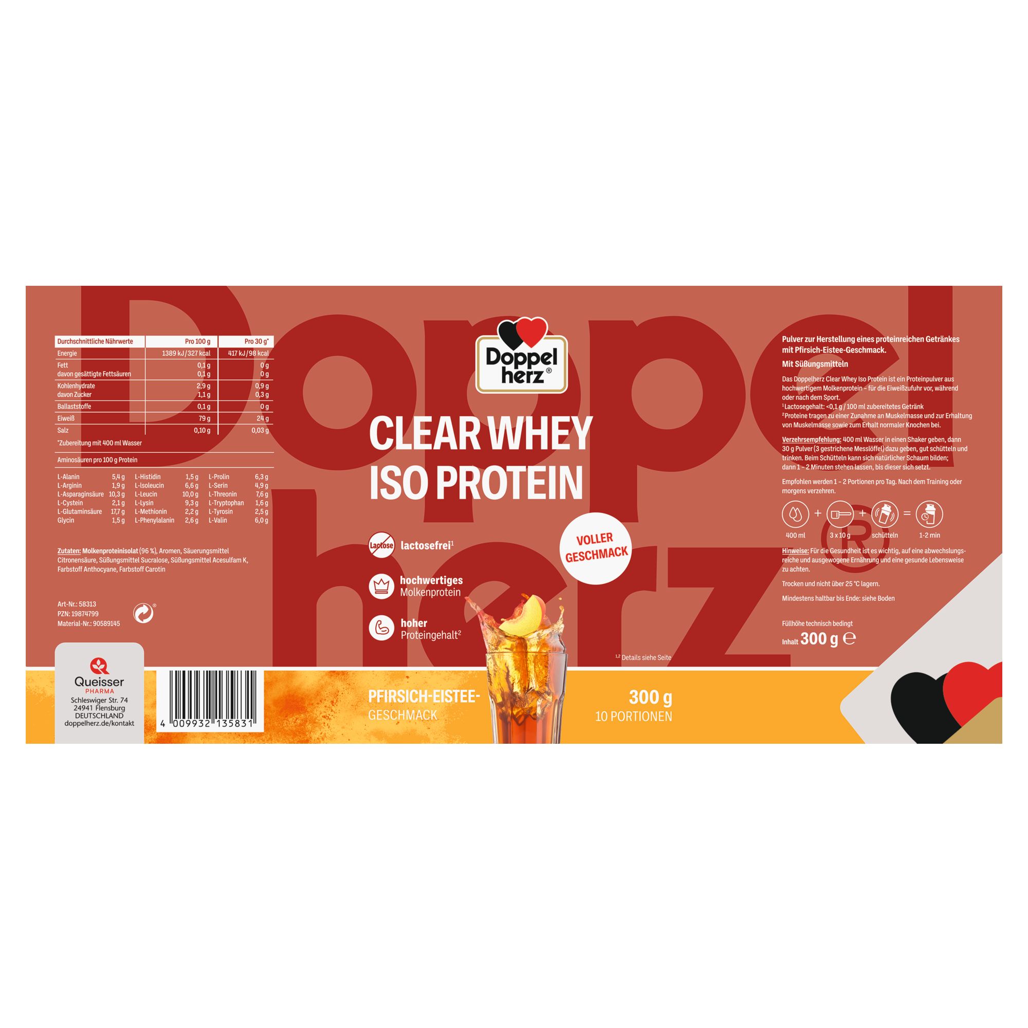 Verpackung von Doppelherz CLEAR WHEY ISO PROTEIN. Hauptsächlich rotbraun mit Produktnamen und Nährwertangaben. Abbildung eines Getränks.