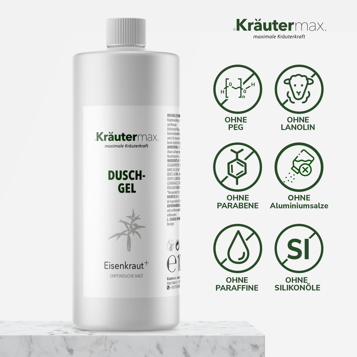 Weißes Duschgel-Flakon mit grünen Symbolen: Ohne PEG, Lanolin, Parabene, Aluminiumsalze, Paraffine, Silikonöle.