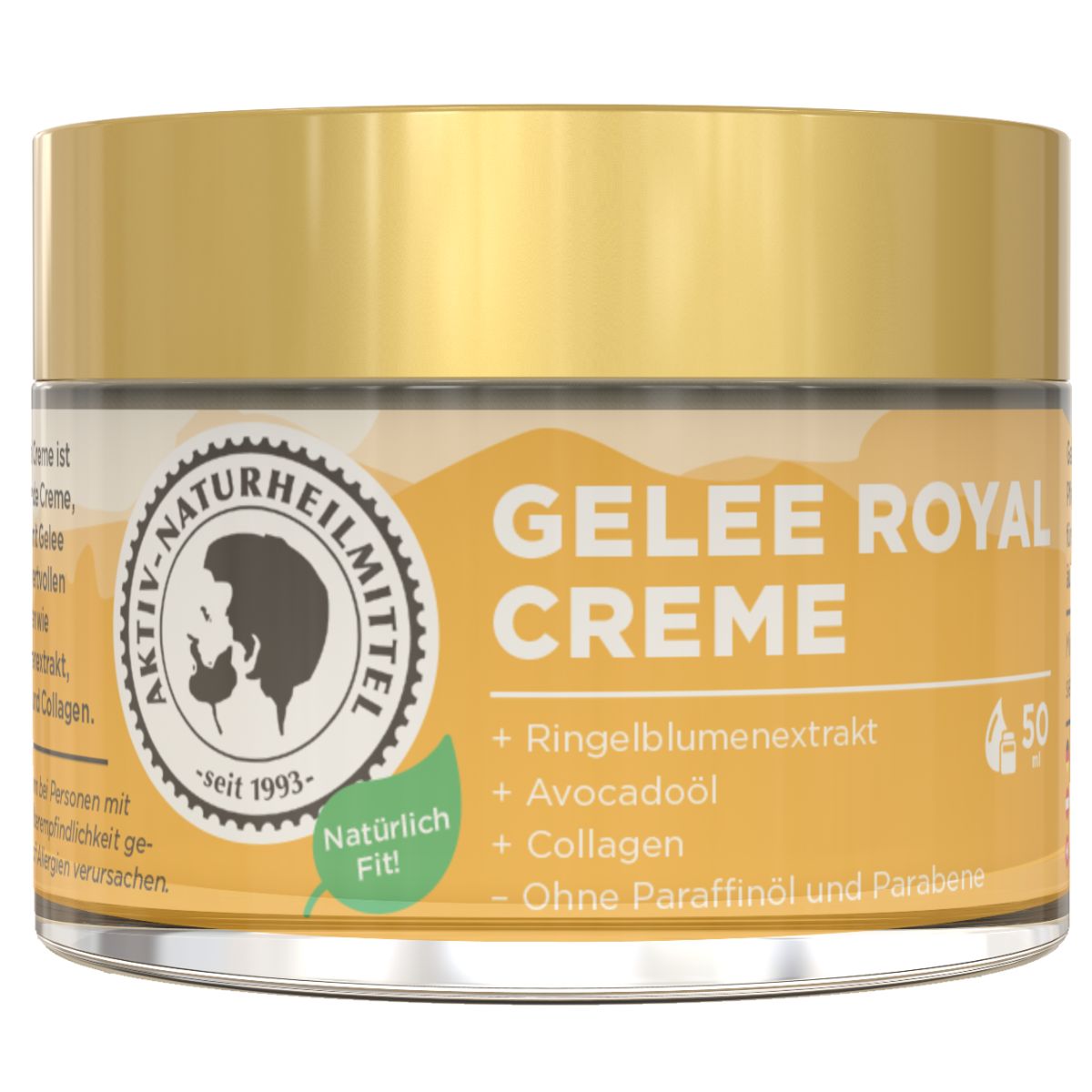 Creme-Dose mit goldfarbenem Deckel. Aufschrift: Gelee Royal Creme. Enthält Ringelblumenextrakt, Avocadoöl und Collagen. Ohne Paraffinöl und Parabene.