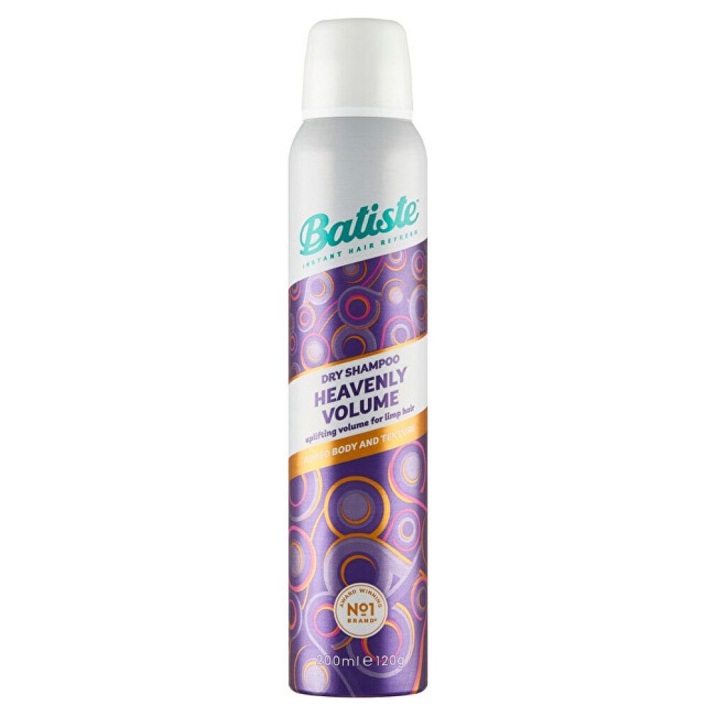 Trockenshampoo-Flasche mit weißem Deckel. Aufschrift: Batiste, Heavenly Volume. Lila und goldfarbene Muster. Nr. 1.