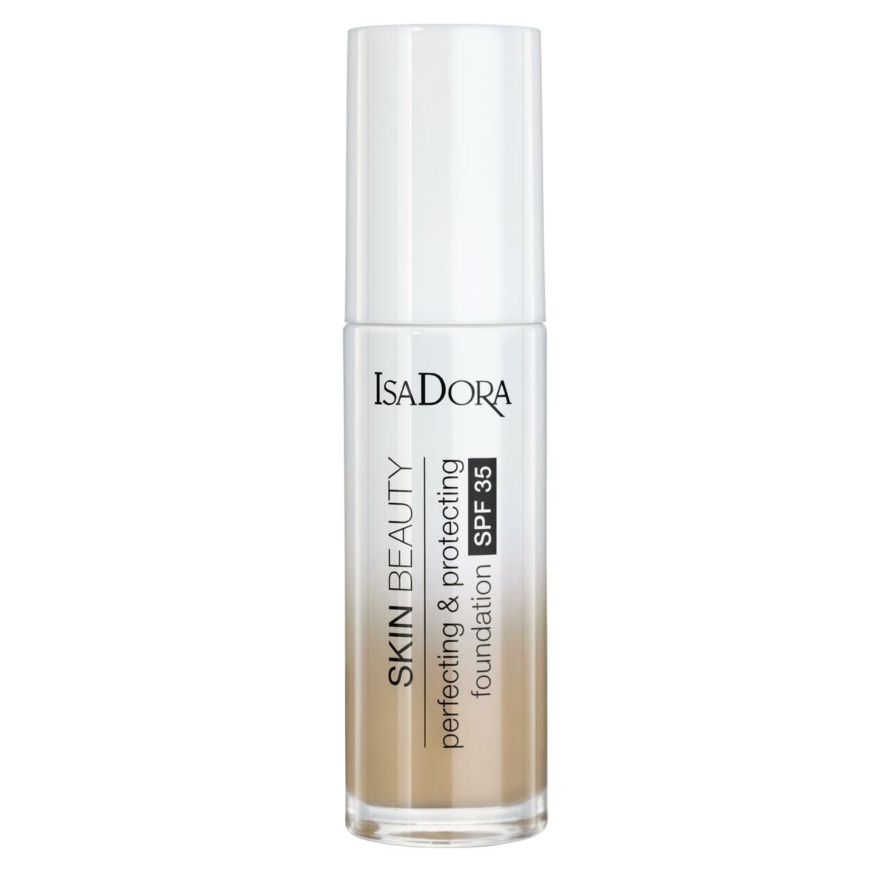 Foundation-Flakon mit weißem Deckel. Aufschrift: IsaDora, Skin Beauty, Perfecting & Protecting, SPF 35.