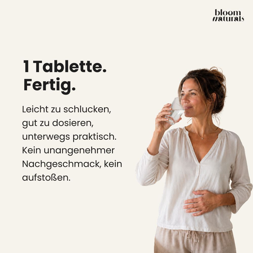 Frau trinkt Wasser neben Text über einfache Einnahme von Vitaminpräparaten.