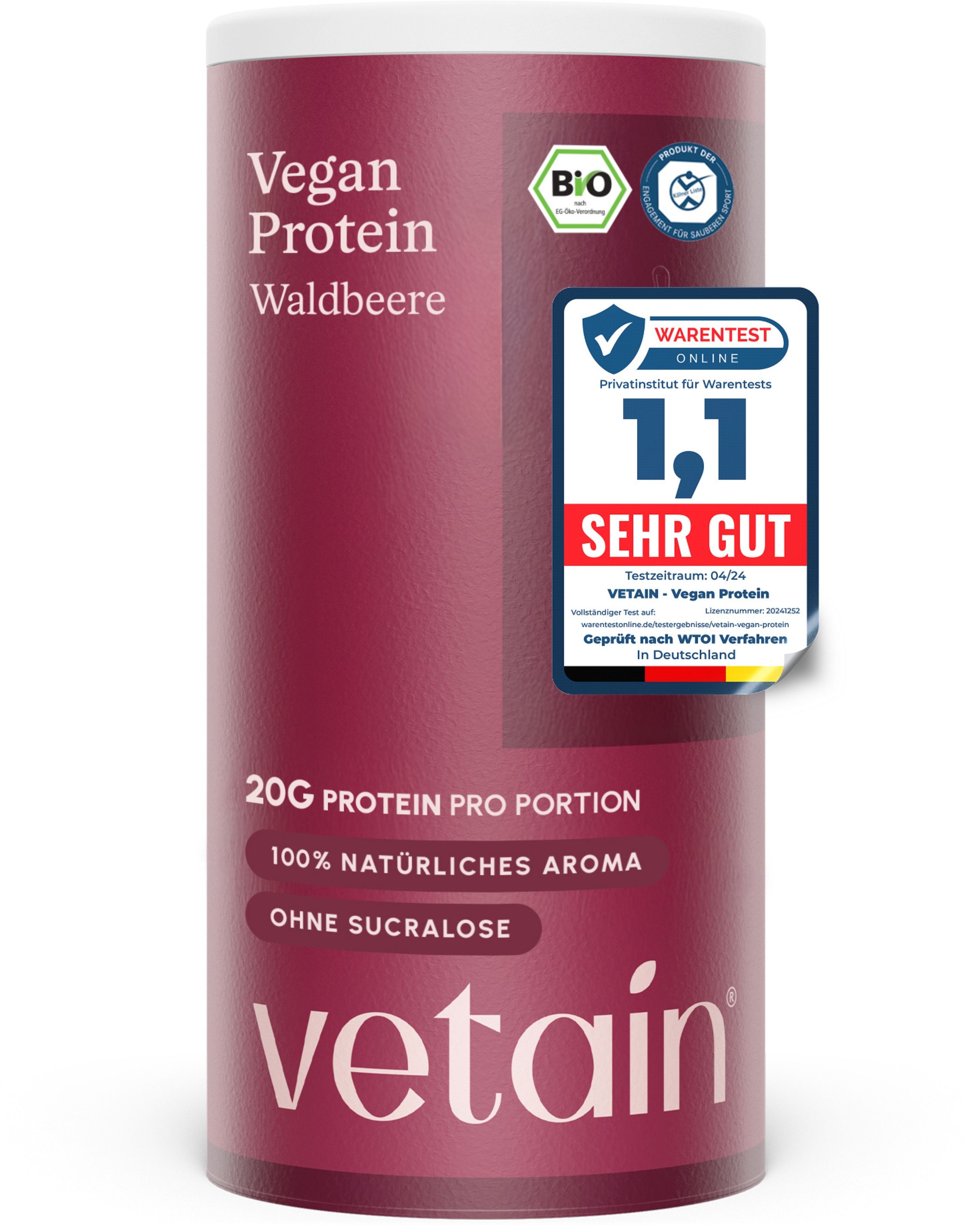 VETAIN Vegan Protein Waldbeere Dose mit Bio-Siegel und Auszeichnung.