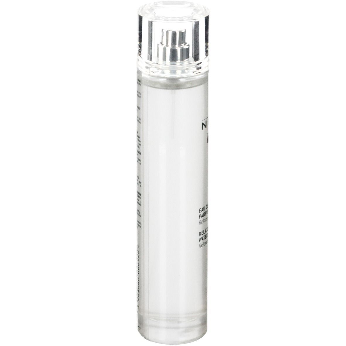 NUXE body Duftspray. Transparente Flasche mit Zerstäuber. Aufschrift und Text. Klarer Inhalt.