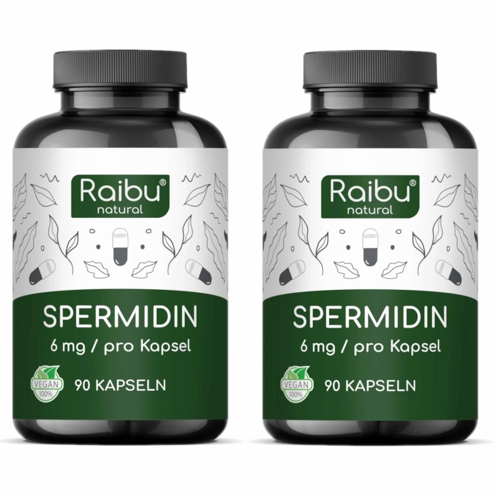 Zwei Flaschen RAIBU Spermidin Kapseln. Schwarze Deckel, grüne Etiketten mit weißer Schrift. "Spermidin 6 mg / pro Kapsel". 90 Kapseln.
