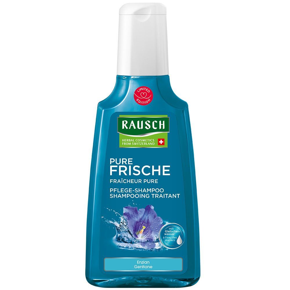 Türkisblaue Flasche mit weißem Verschluss. Rausch Pflege-Shampoo, Limited Edition. Text: Pure Frische, Fraîcheur pure, Pflege-Shampoo.