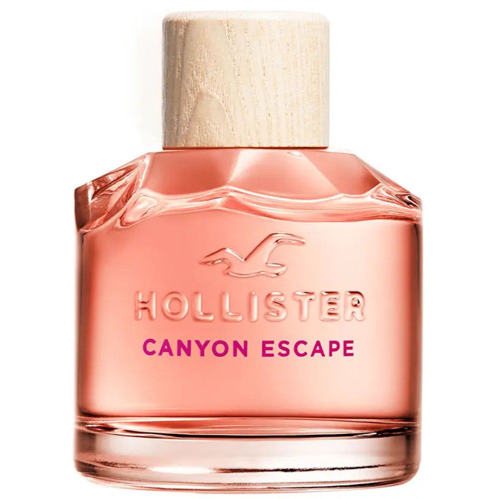 Hollister Canyon Escape Eau de Parfum Spray-Flasche. Transparenter Flakon mit Holzverschluss. Logo und Produktname sichtbar.