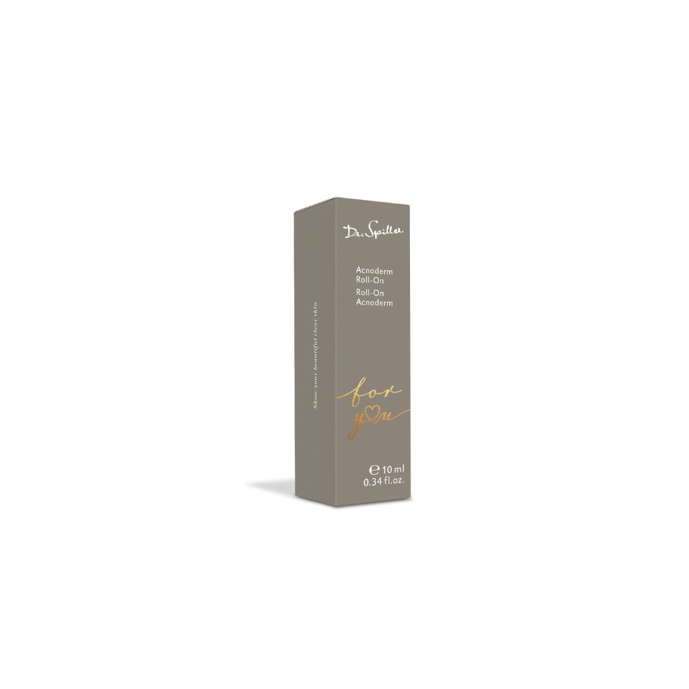 Graue Schachtel mit Produktnamen und Logo. Text: Acnoderm Roll-On. Unten steht "for you".