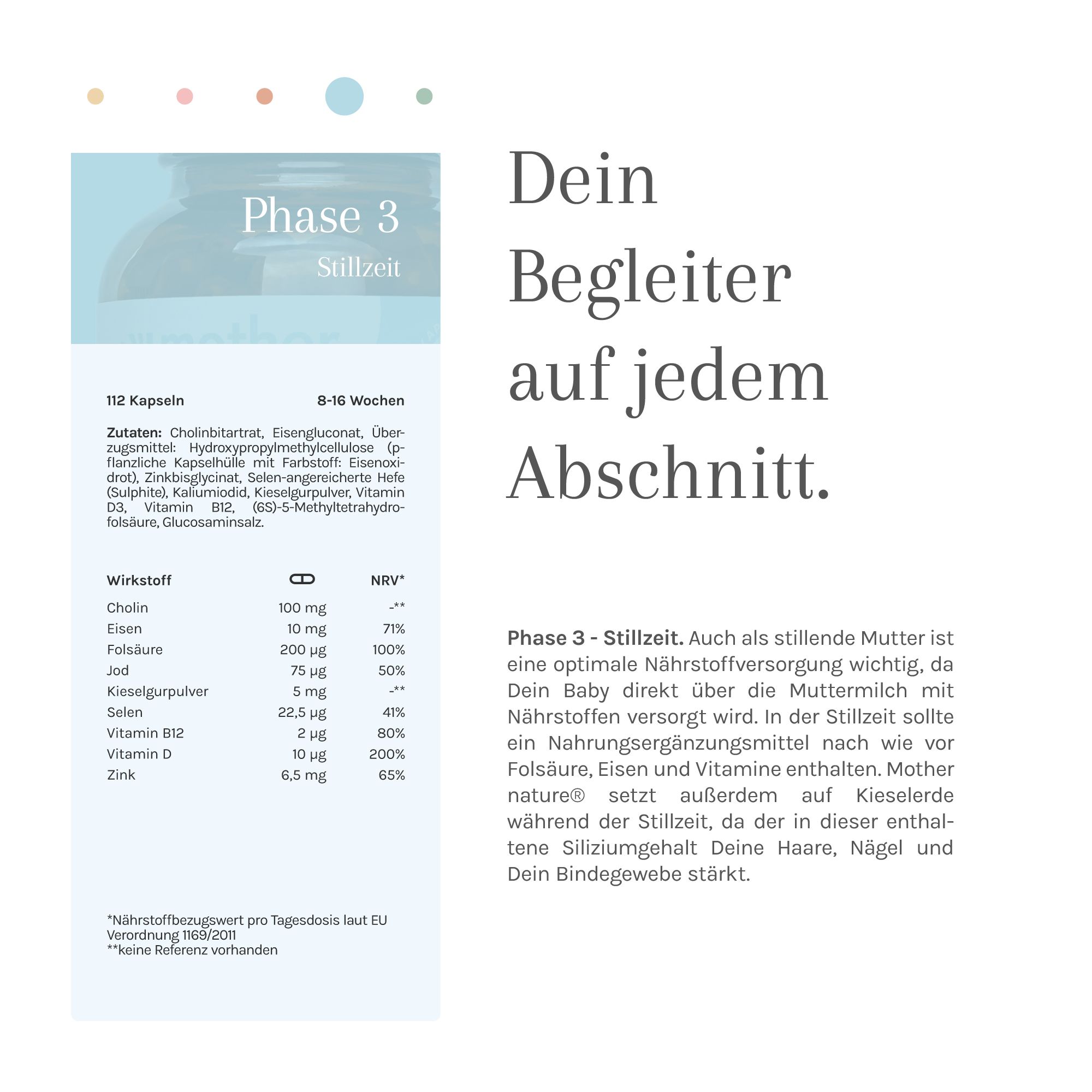 Infotafel: Phase 3 Stillzeit. Inhaltsstoffe und Nährwertangaben. Text: Dein Begleiter auf jedem Abschnitt.