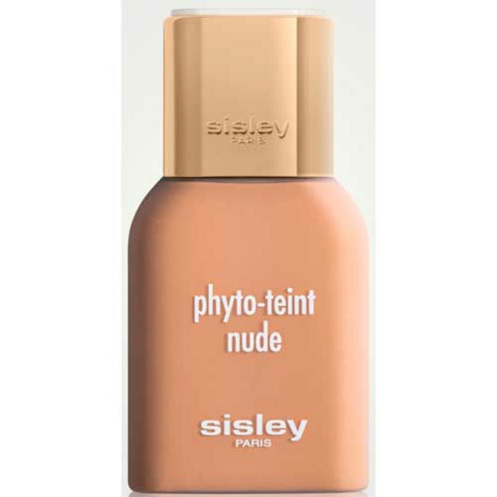 Sisley Phyto-Teint Nude. Flasche mit beiger Foundation, goldfarbener Deckel. Schriftzug: Sisley Paris, Phyto-Teint Nude.