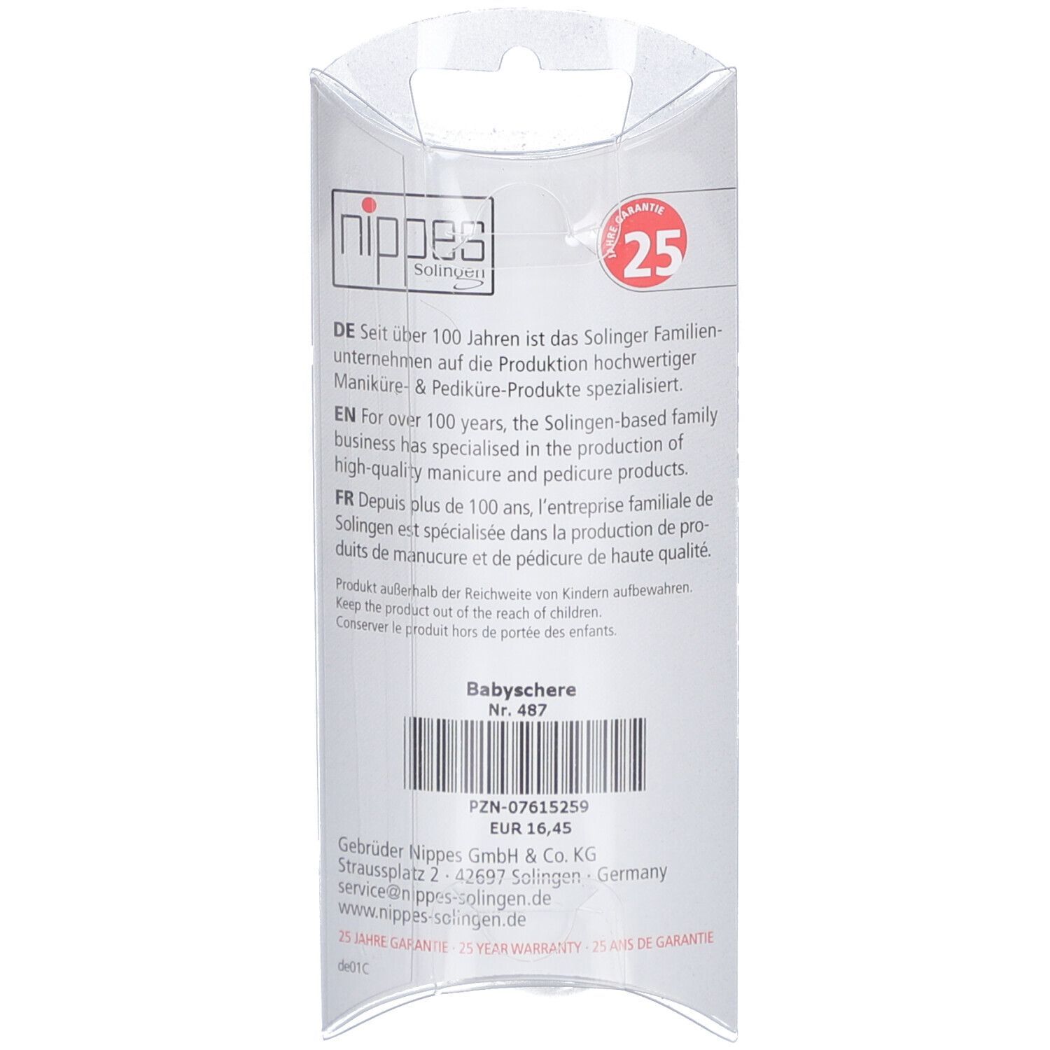 Rückseite der Verpackung. Text in Deutsch, Englisch und Französisch. Babyschere Nr. 487. 25 Jahre Garantie.