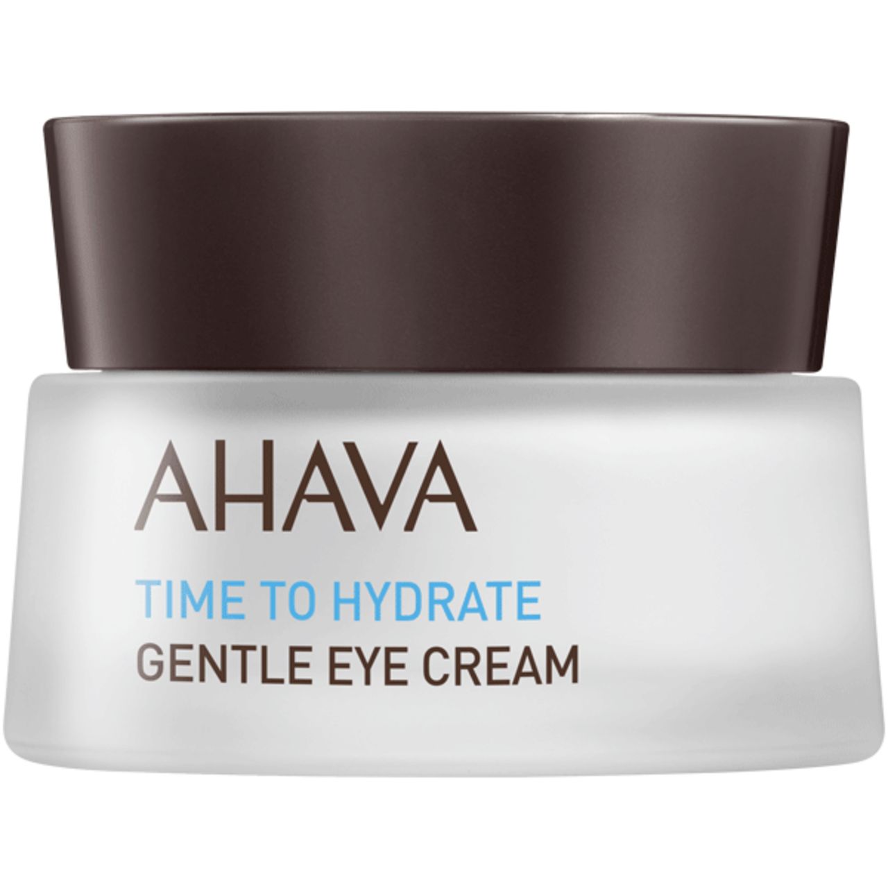 Cremetiegel mit braunem Deckel. AHAVA Time to Hydrate Gentle Eye Cream. Logo und Text.
